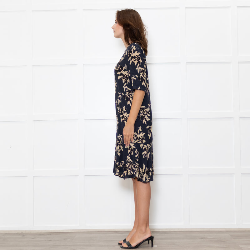 Ganni Dark Navy Black Tan Flower Print Short Sleeve Dress
