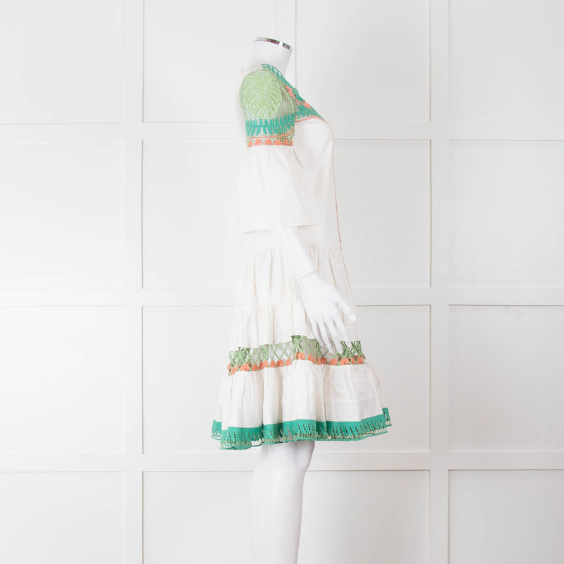 Temperley White Cotton Dress with Green and Pink Lace Panels