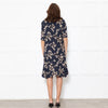 Ganni Dark Navy Black Tan Flower Print Short Sleeve Dress