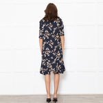 Ganni Dark Navy Black Tan Flower Print Short Sleeve Dress