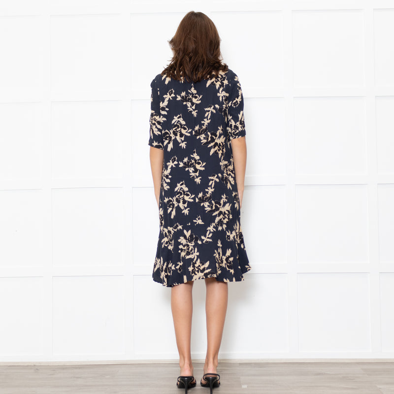 Ganni Dark Navy Black Tan Flower Print Short Sleeve Dress