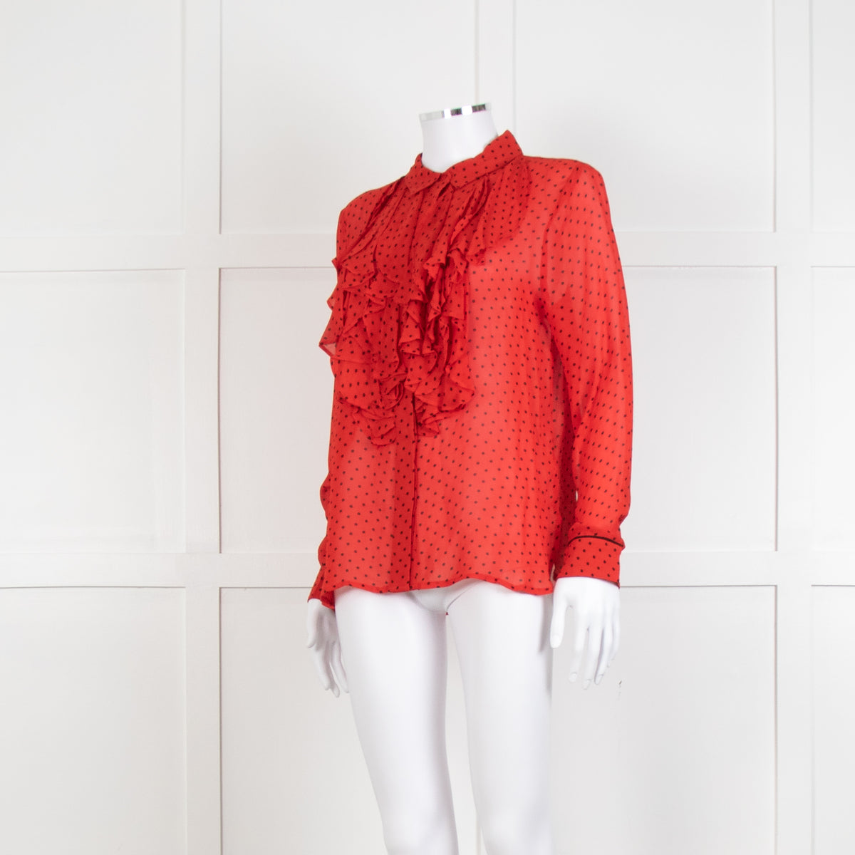 Ganni Red Black Polka Dot Frill Front Long Sleeve Shirt
