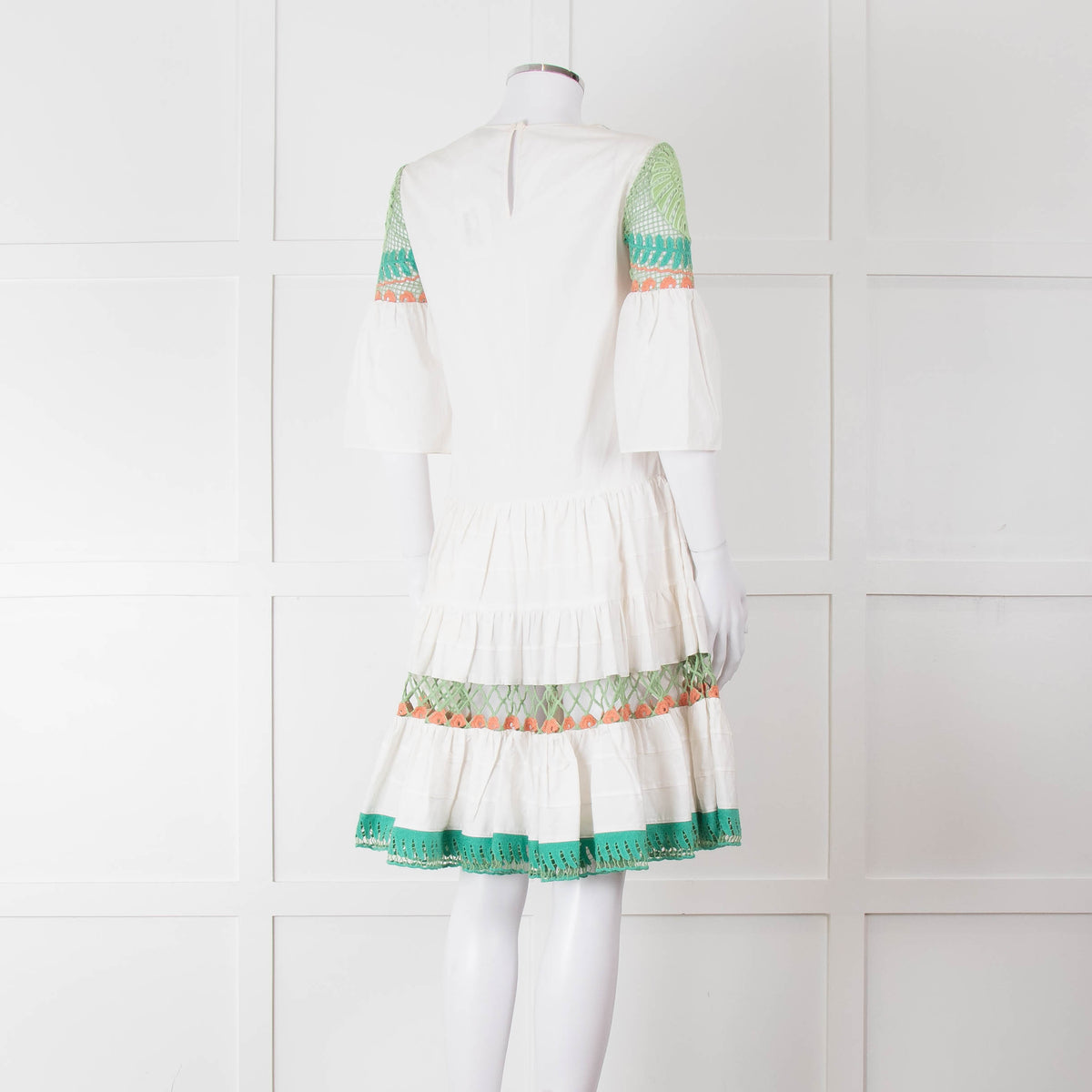 Temperley White Cotton Dress with Green and Pink Lace Panels