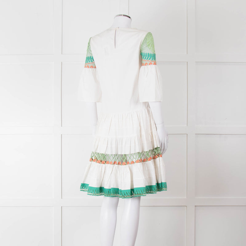 Temperley White Cotton Dress with Green and Pink Lace Panels