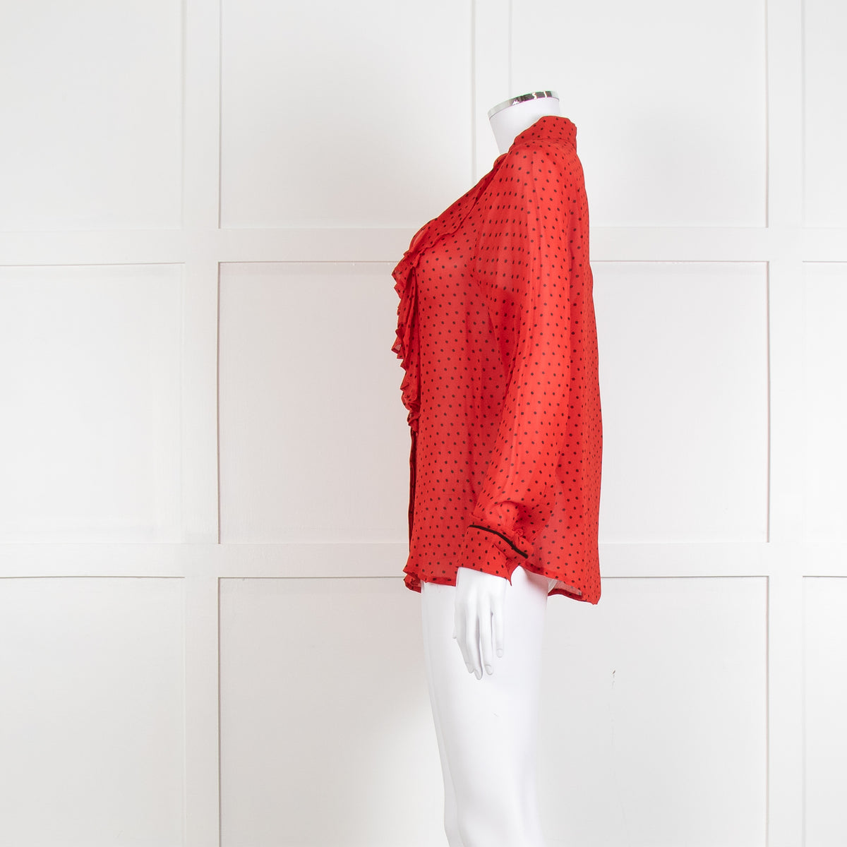 Ganni Red Black Polka Dot Frill Front Long Sleeve Shirt