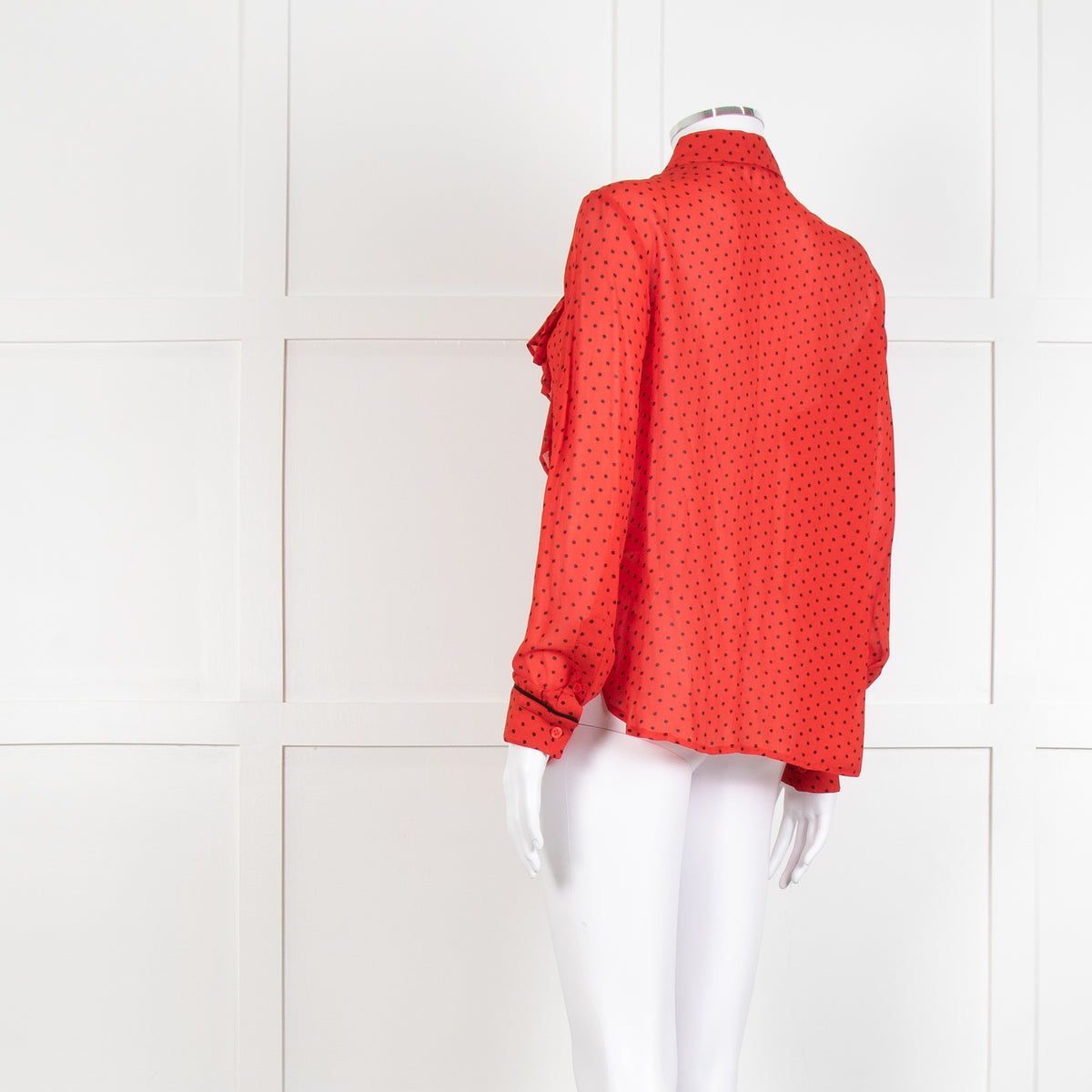 Ganni Red Black Polka Dot Frill Front Long Sleeve Shirt