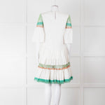 Temperley White Cotton Dress with Green and Pink Lace Panels
