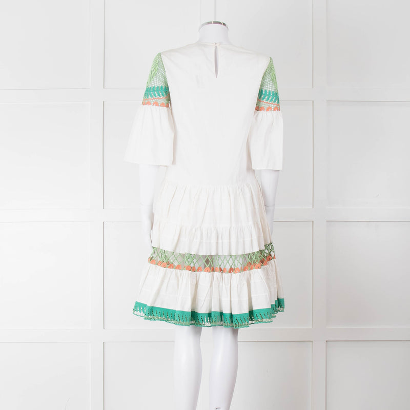 Temperley White Cotton Dress with Green and Pink Lace Panels