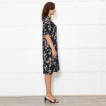 Ganni Dark Navy Black Tan Flower Print Short Sleeve Dress