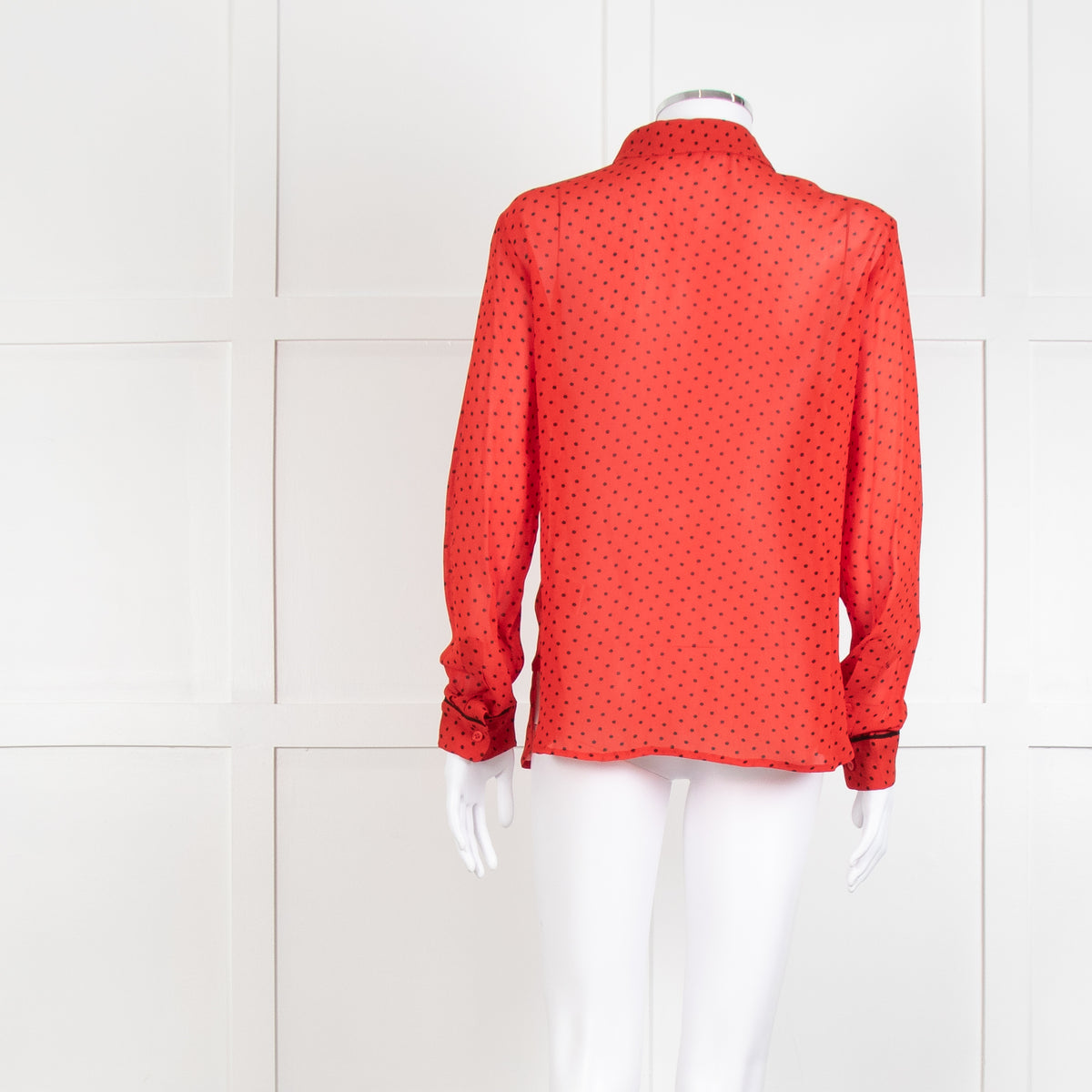 Ganni Red Black Polka Dot Frill Front Long Sleeve Shirt