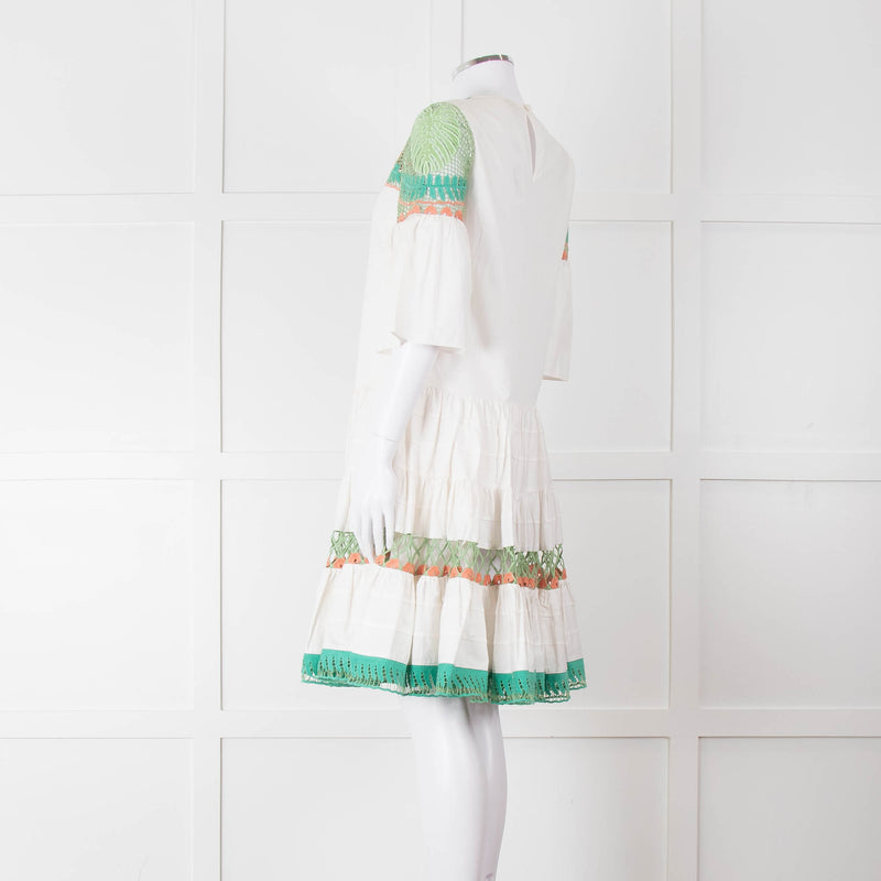 Temperley White Cotton Dress with Green and Pink Lace Panels