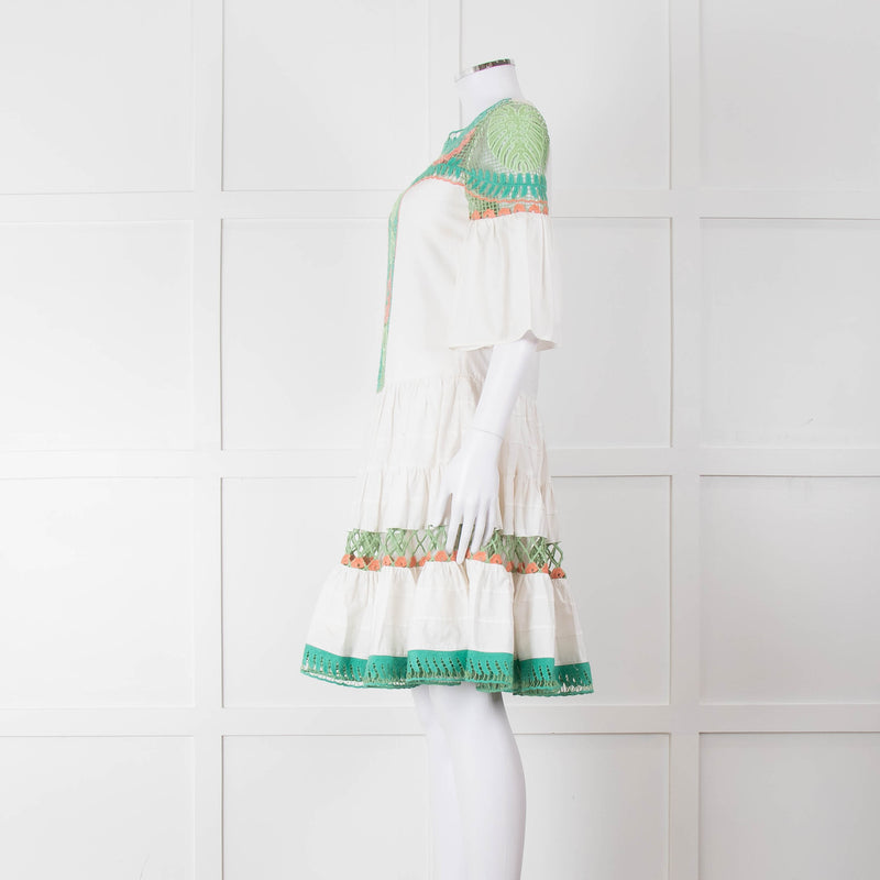 Temperley White Cotton Dress with Green and Pink Lace Panels