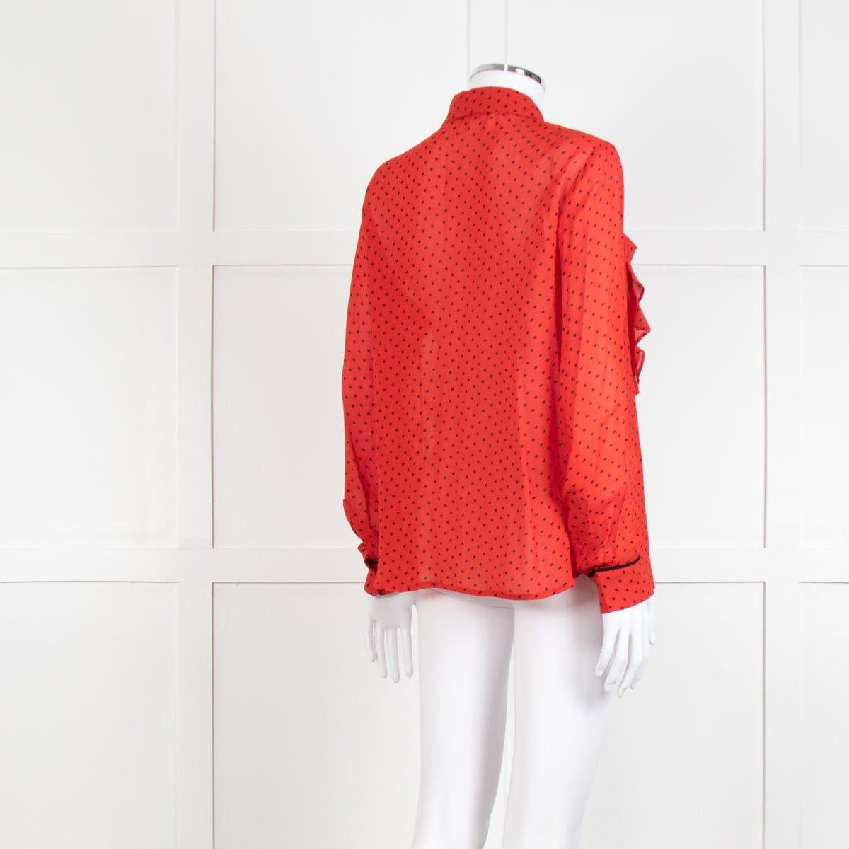 Ganni Red Black Polka Dot Frill Front Long Sleeve Shirt