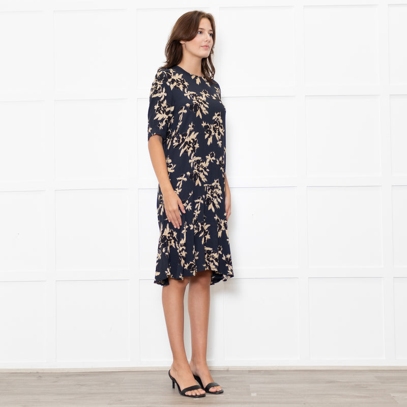 Ganni Dark Navy Black Tan Flower Print Short Sleeve Dress