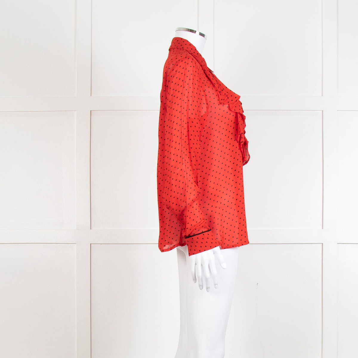 Ganni Red Black Polka Dot Frill Front Long Sleeve Shirt