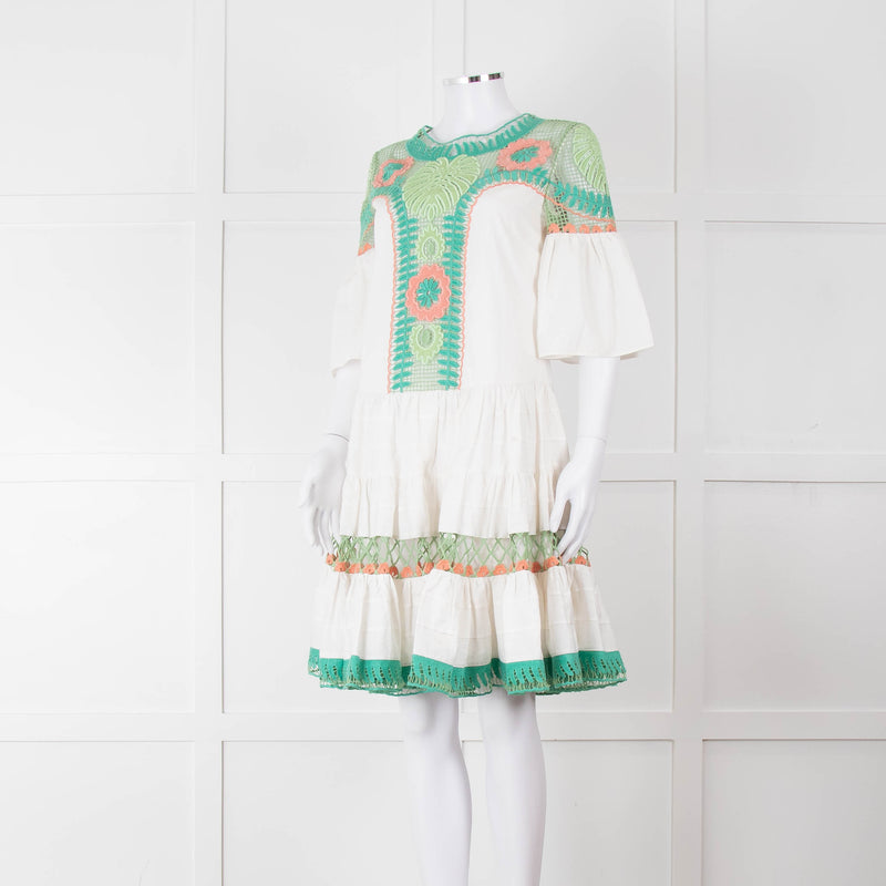 Temperley White Cotton Dress with Green and Pink Lace Panels