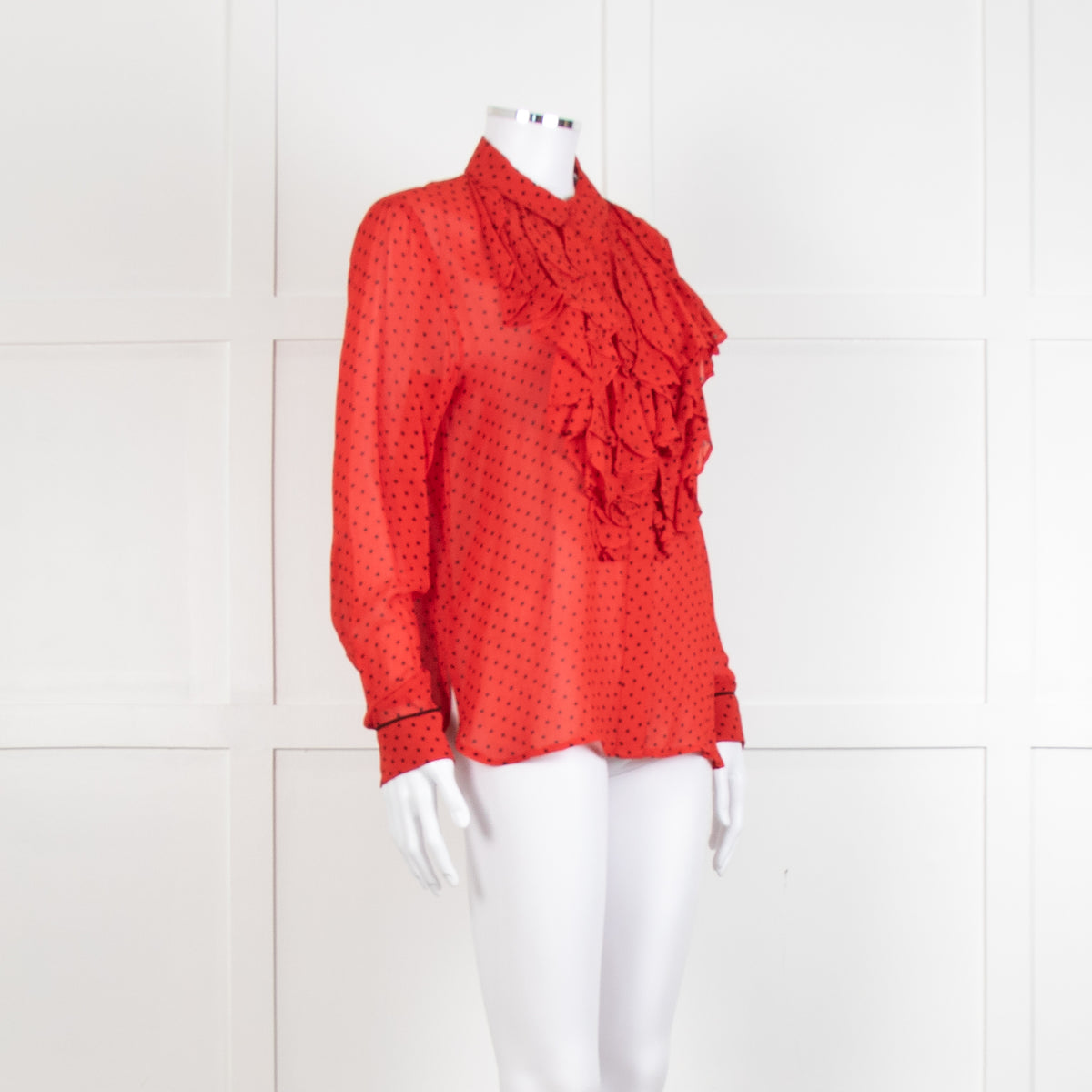 Ganni Red Black Polka Dot Frill Front Long Sleeve Shirt