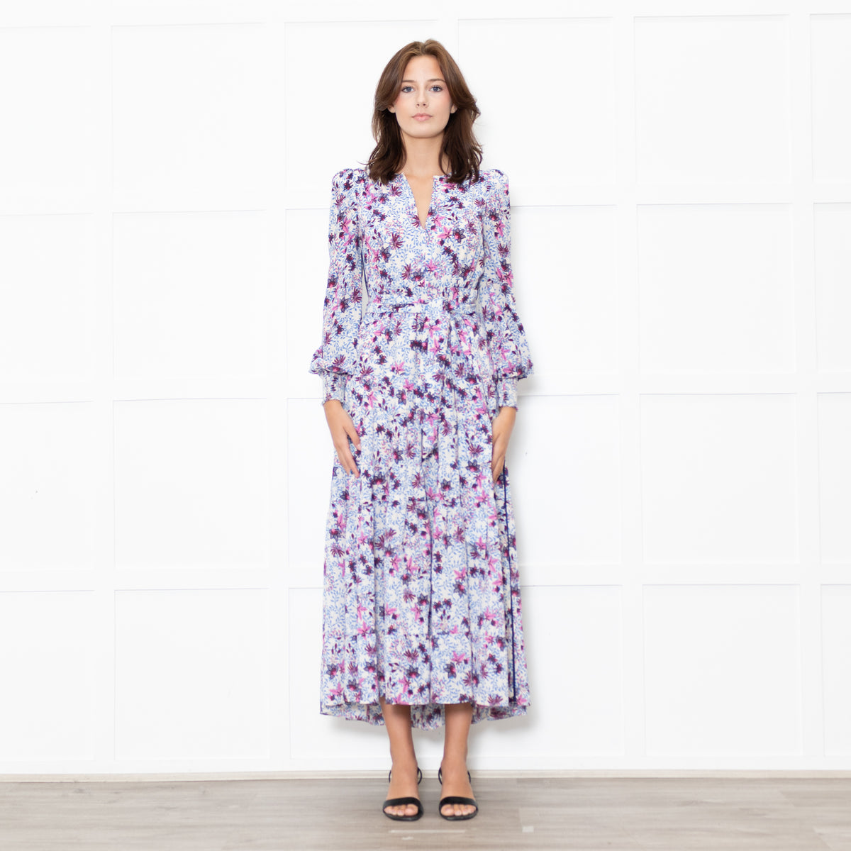 Me + Em White Blue Floral Long Sleeve Tiered Dress