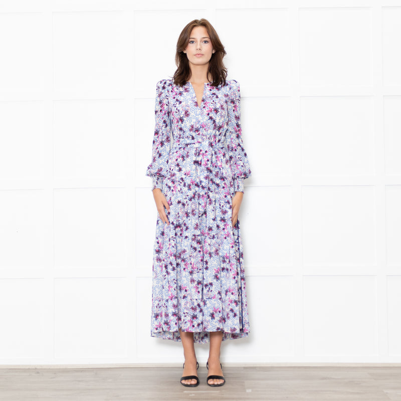 Me + Em White Blue Floral Long Sleeve Tiered Dress