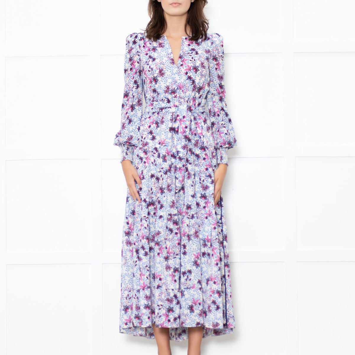 Me + Em White Blue Floral Long Sleeve Tiered Dress