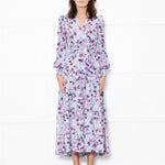 Me + Em White Blue Floral Long Sleeve Tiered Dress