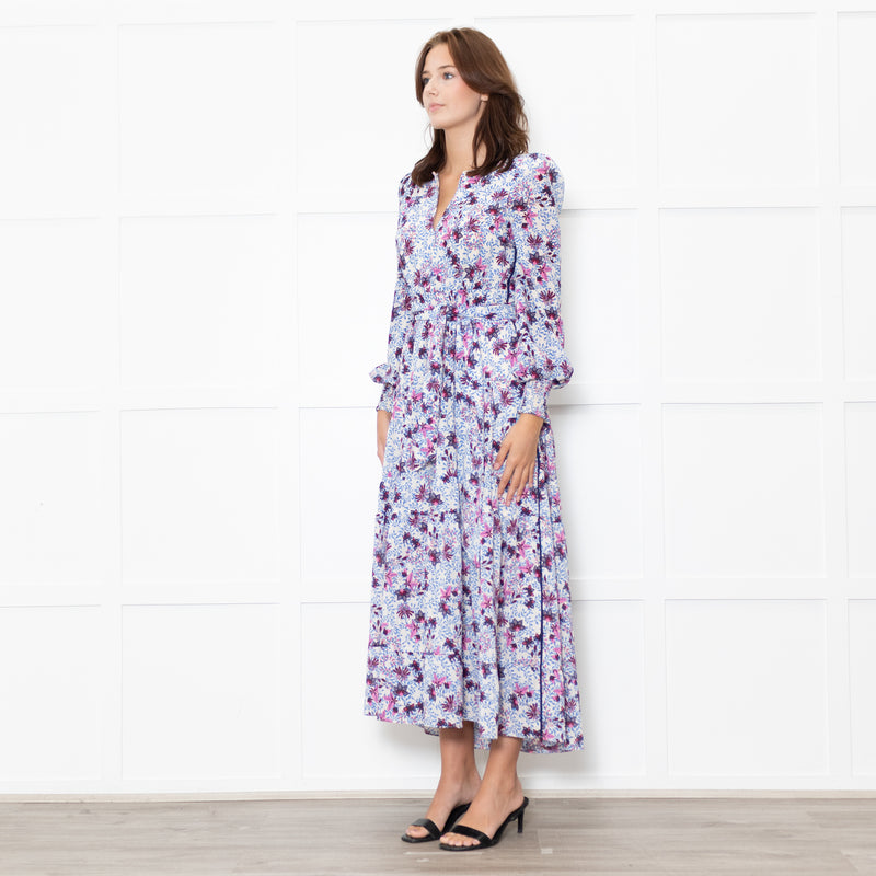 Me + Em White Blue Floral Long Sleeve Tiered Dress