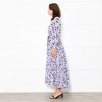 Me + Em White Blue Floral Long Sleeve Tiered Dress