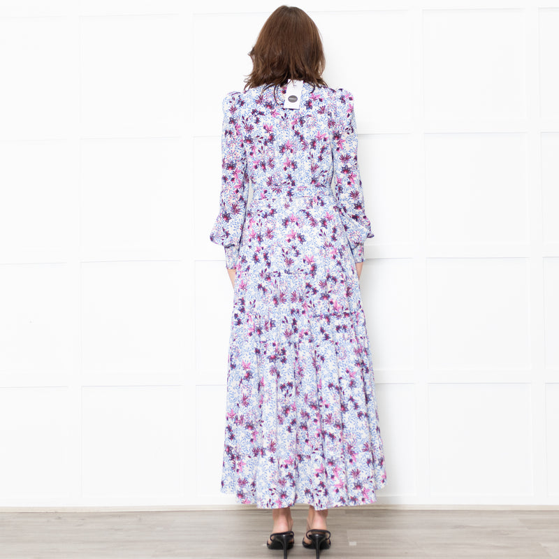 Me + Em White Blue Floral Long Sleeve Tiered Dress