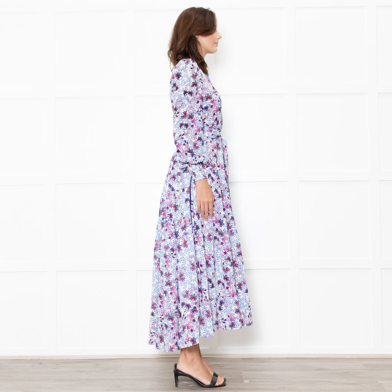 Me + Em White Blue Floral Long Sleeve Tiered Dress