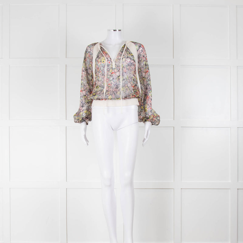 Jean Paul Gaultier Multi Print Cream Trim Silk Top