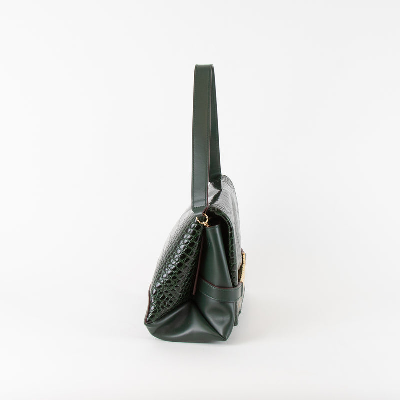 Victoria Beckham Chain Pouch Green Crocodile Print Leather