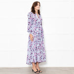Me + Em White Blue Floral Long Sleeve Tiered Dress