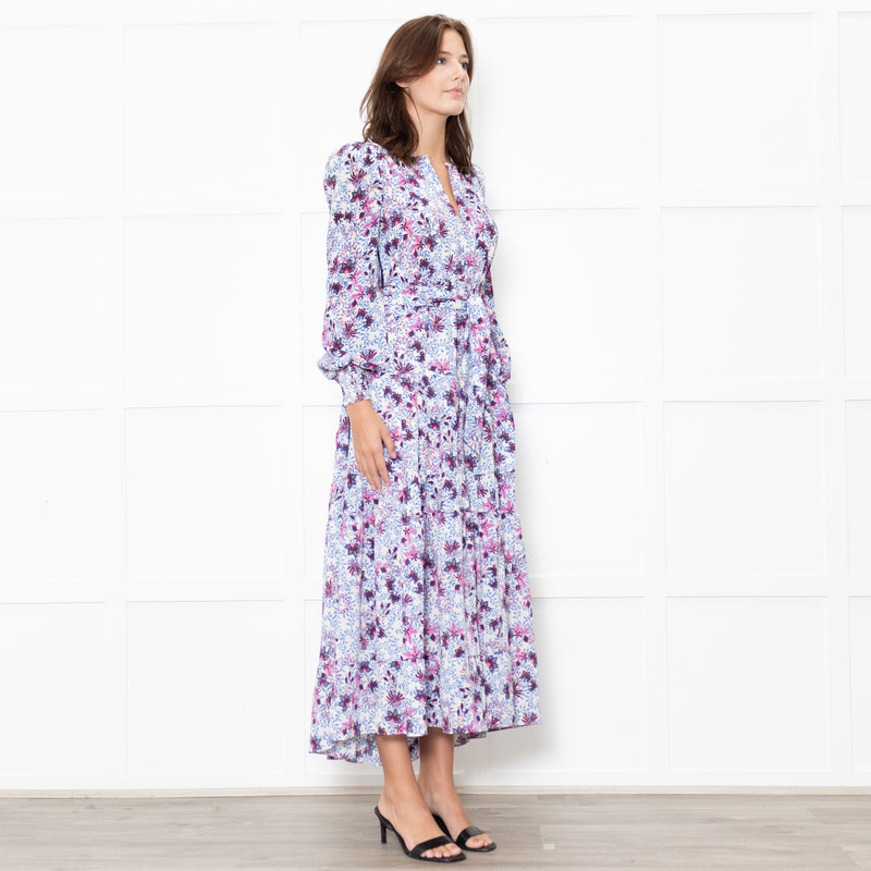 Me + Em White Blue Floral Long Sleeve Tiered Dress