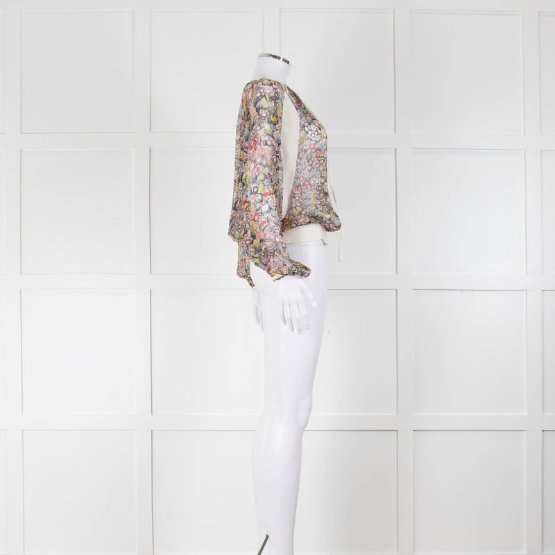 Jean Paul Gaultier Multi Print Cream Trim Silk Top