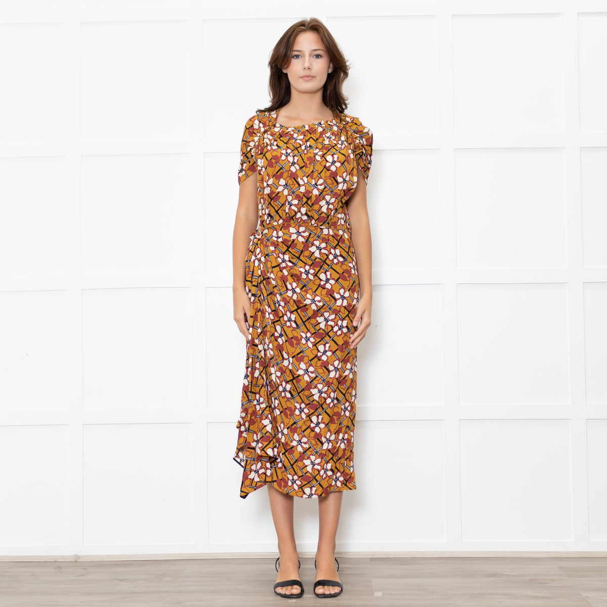 Marni Mustard Cream Floral Ruched Side Detail Midi Dress
