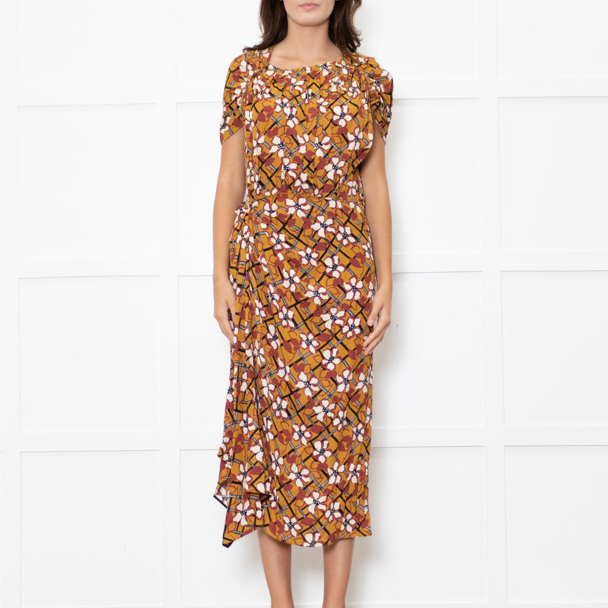 Marni Mustard Cream Floral Ruched Side Detail Midi Dress