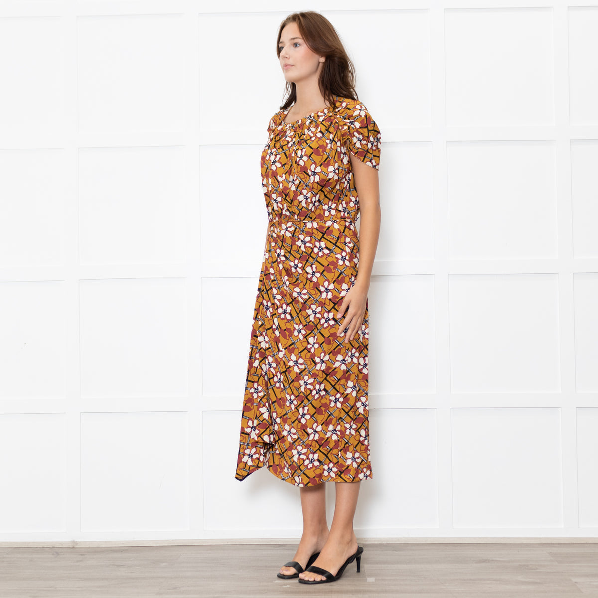 Marni Mustard Cream Floral Ruched Side Detail Midi Dress