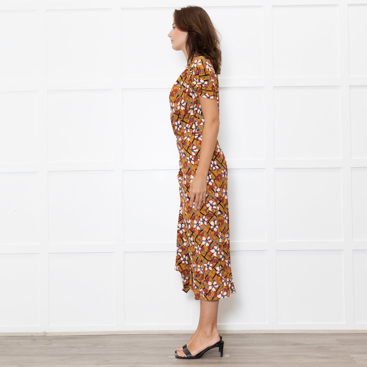 Marni Mustard Cream Floral Ruched Side Detail Midi Dress