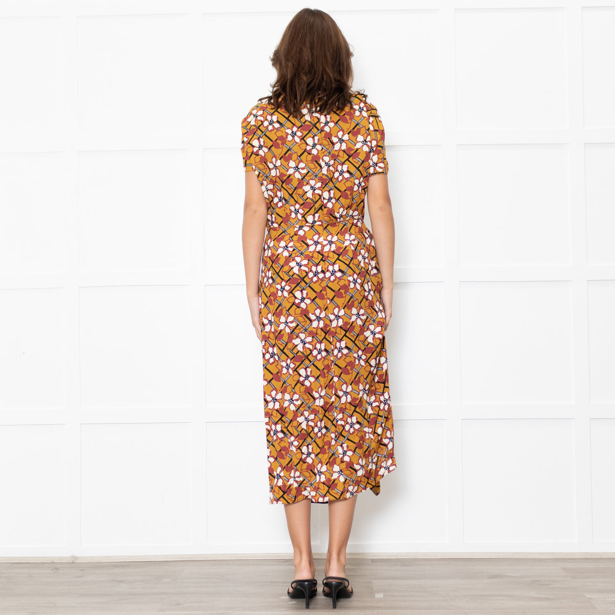 Marni Mustard Cream Floral Ruched Side Detail Midi Dress
