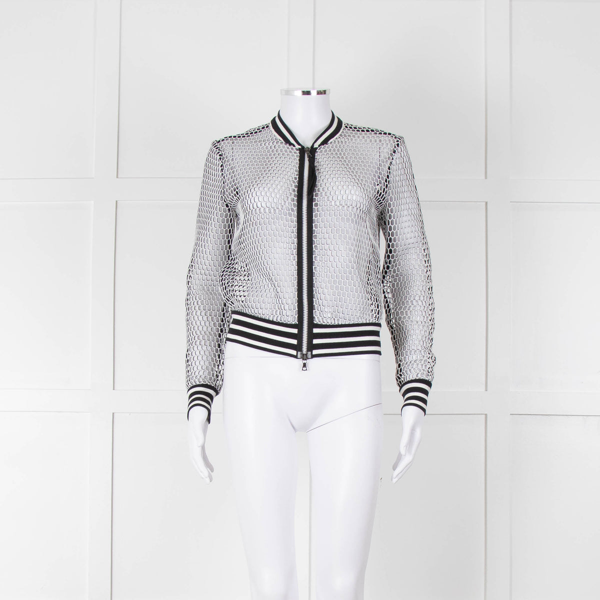 Marc Cain White Black Net Zip Up Bomber Jacket