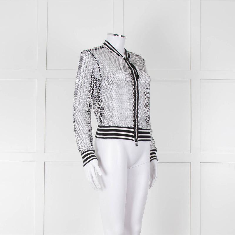 Marc Cain White Black Net Zip Up Bomber Jacket