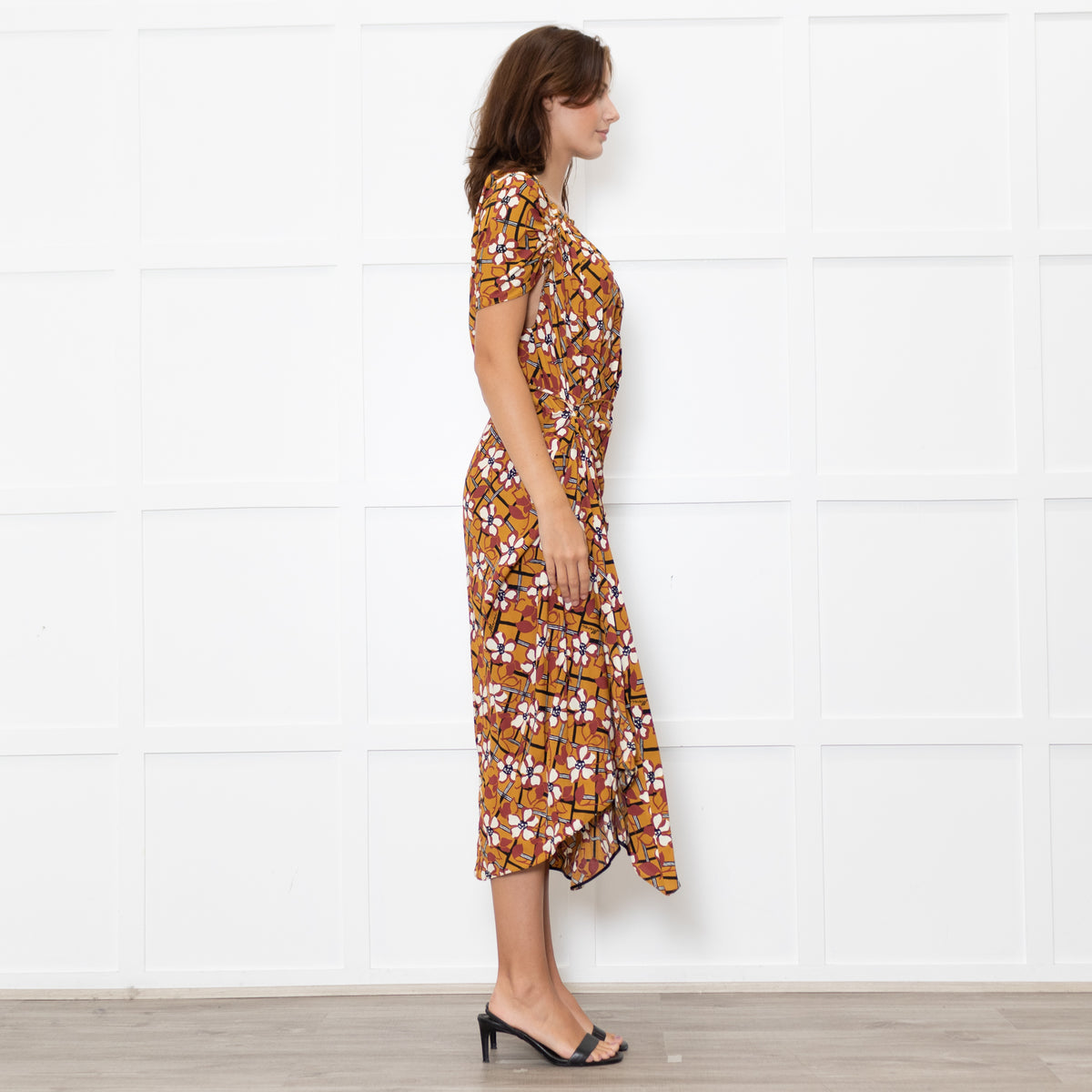 Marni Mustard Cream Floral Ruched Side Detail Midi Dress