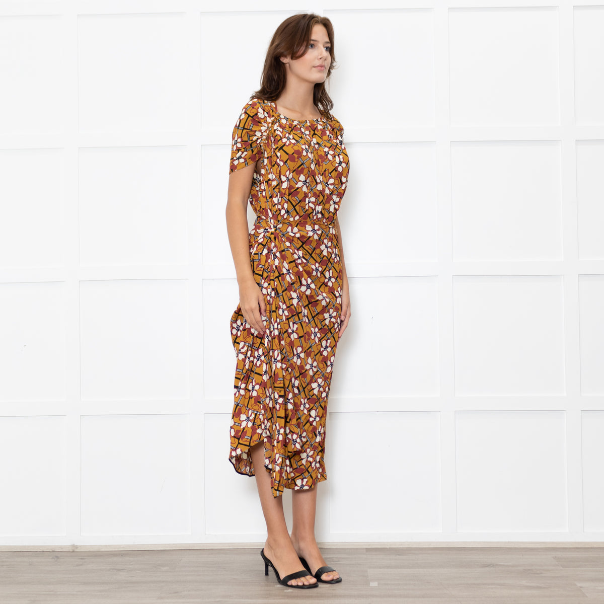 Marni Mustard Cream Floral Ruched Side Detail Midi Dress