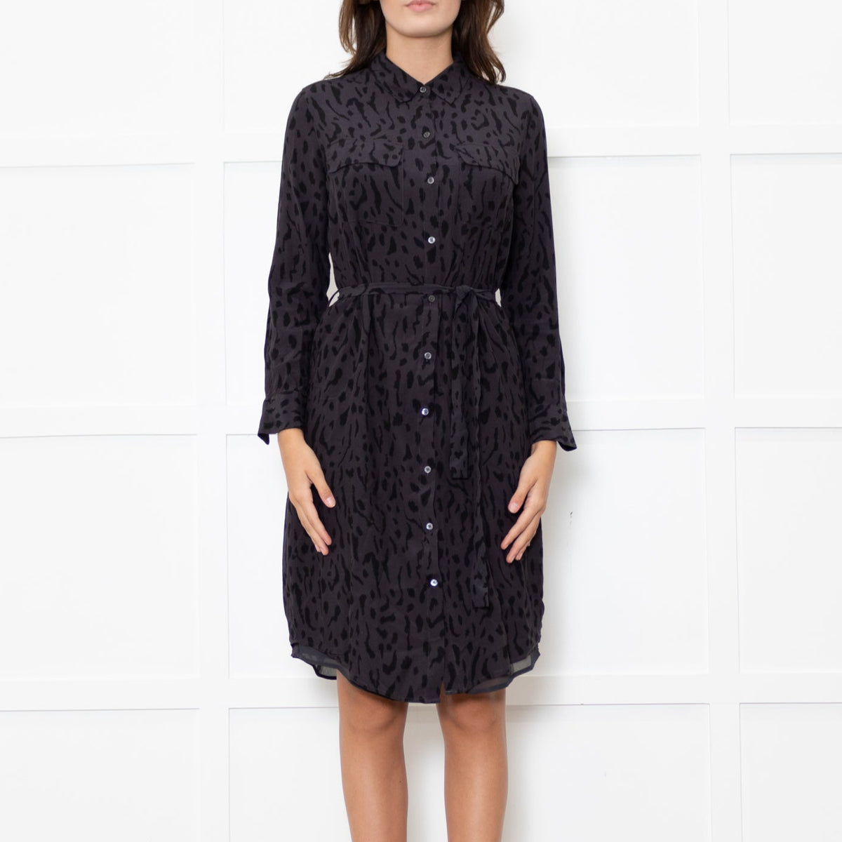 Rails Dark Grey Black Animal Print Long Sleeve Knee Length Dress