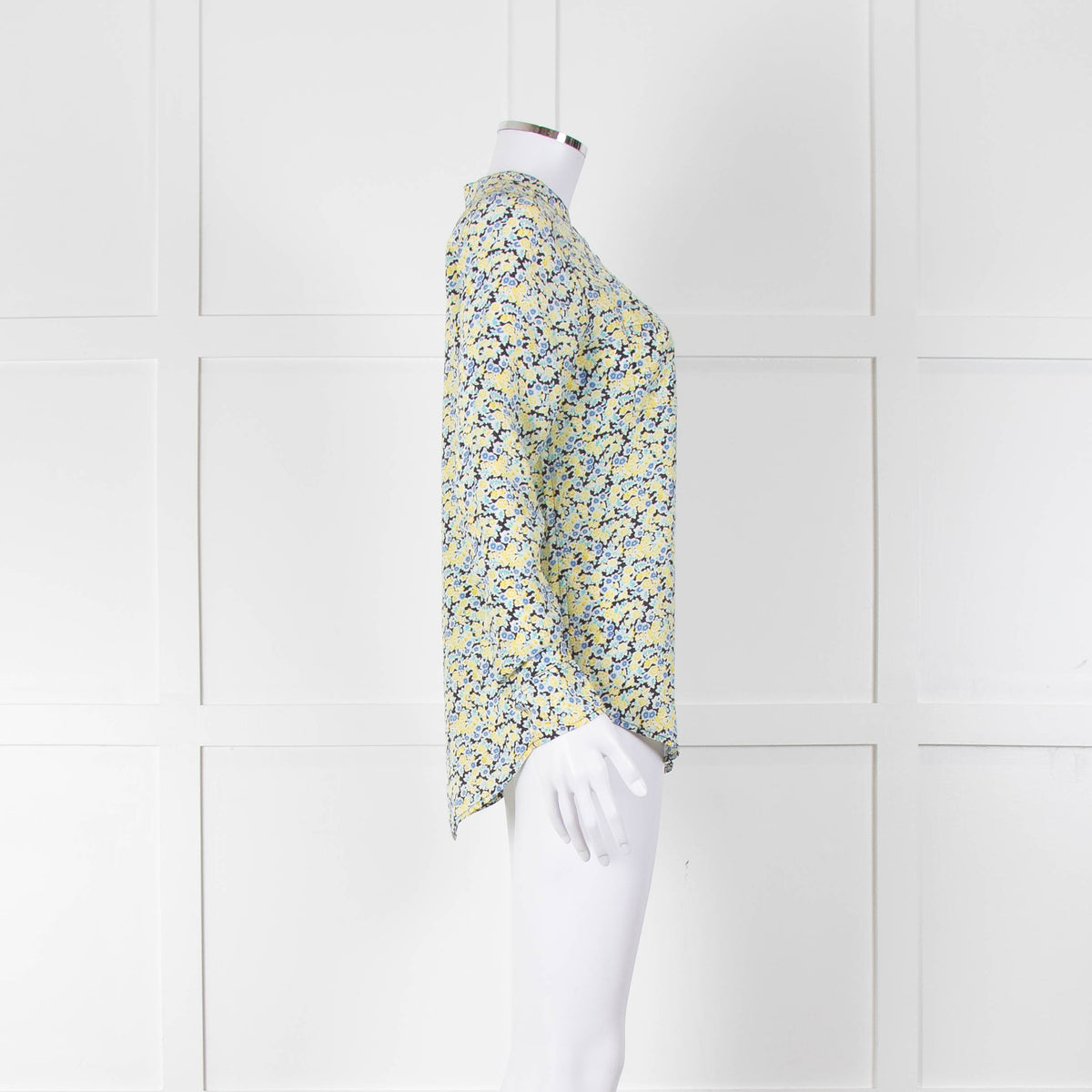 Equipment Blue and Yellow Micro Floral Print Collarless Blouse