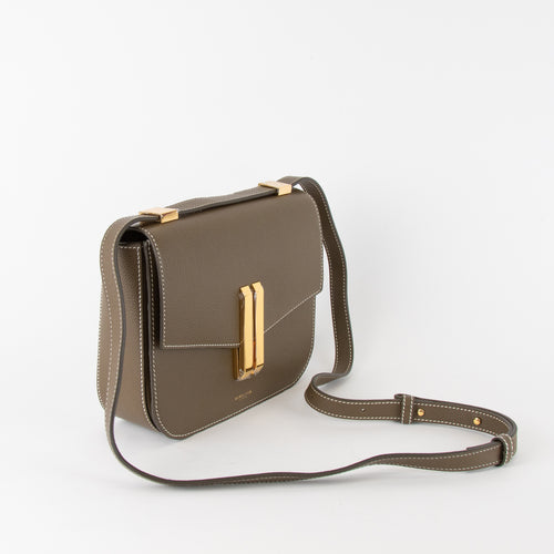 Demellier Vancouver Grain Leather W/Contrast Stitch Gold Closure Flap Crossbody Olive