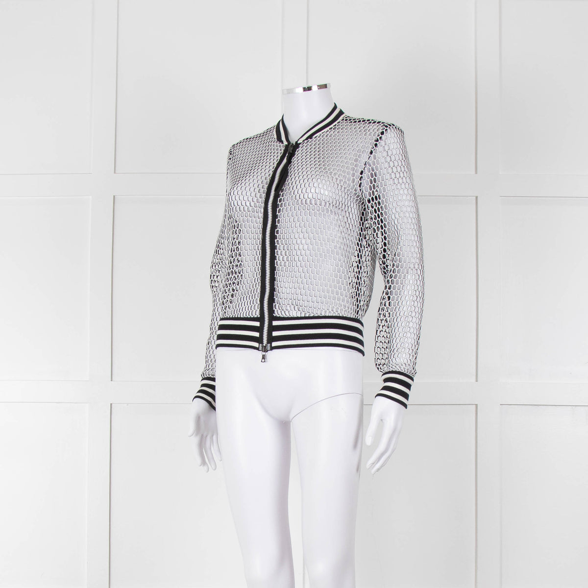 Marc Cain White Black Net Zip Up Bomber Jacket