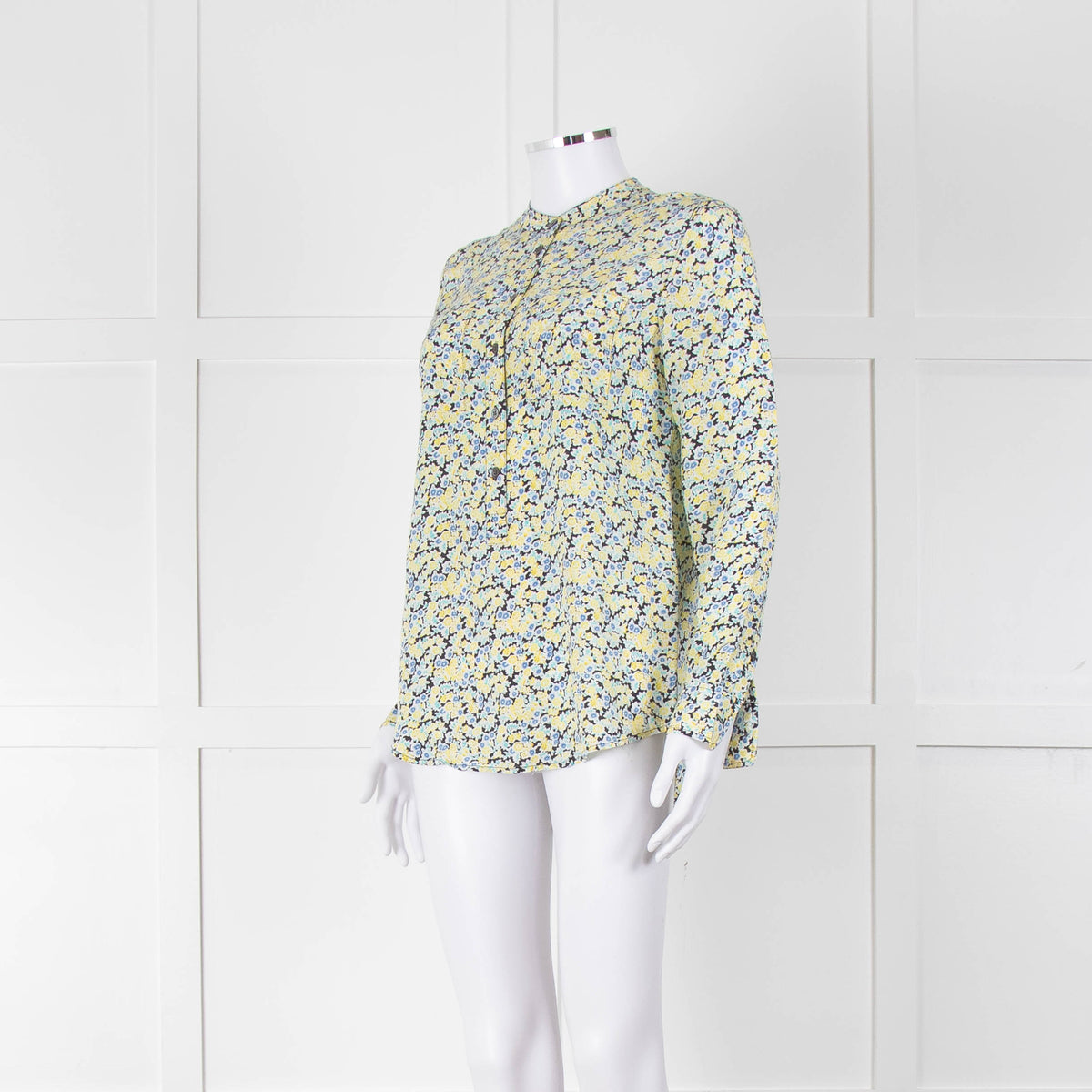 Equipment Blue and Yellow Micro Floral Print Collarless Blouse