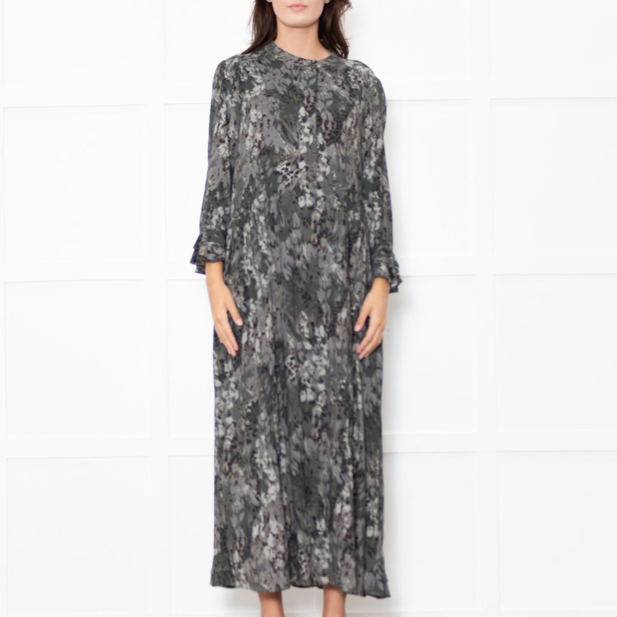Dea Kudibal Khaki Green Black Ruffle Trim Sleeved Dress