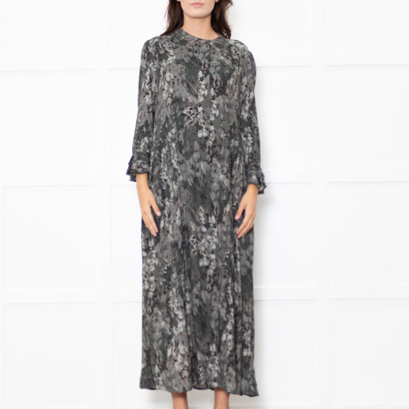 Dea Kudibal Khaki Green Black Ruffle Trim Sleeved Dress